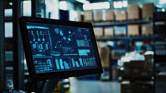 An AI powered inventory management system tracking product levels and predicting restocking needs for businesses, Retail technology style, photo of
