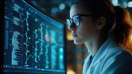 A geneticist working with DNA sequencing data on a computer, with graphical representations of genetic codes and charts visible on the screen