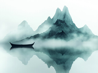 landscape with a calm lake reflecting the surrounding mountains. A small boat is visible on the lake, and the mountains in the background are partially covered in mist, creating a tranquil and picture