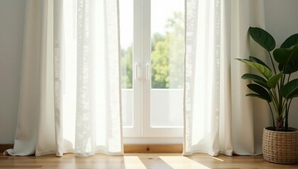 Simple white linen curtains, soft natural light, soft, neutral