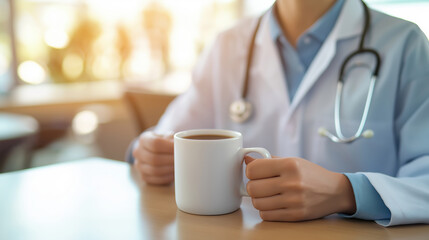 Doctor holding coffee mug while seated at desk  