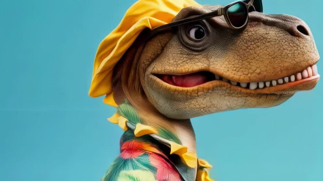 Funny dinosaur toy wearing sunglasses and tropical Hawaiian shirt against colorful background. T-Rex figurine with colorful leaf pattern outfit in humorous vacation concept