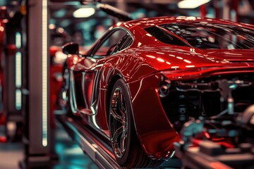 Fototapeta premium A red sports car undergoing assembly or maintenance in a factory setting.