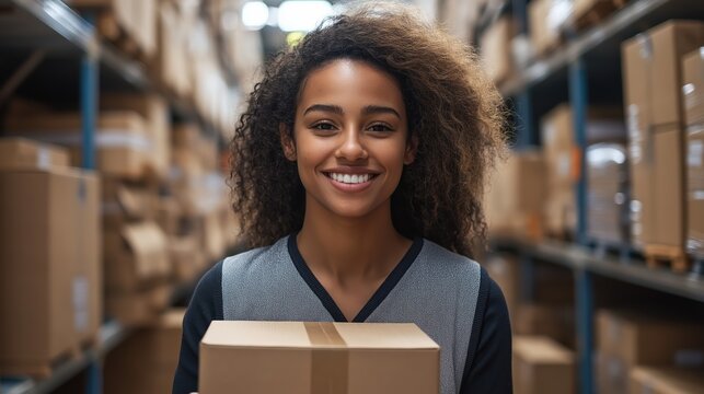 Smiling female employee holding cardboard package in warehouse  