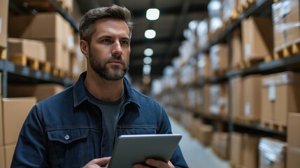 Male worker with serious expression using tablet in warehouse  