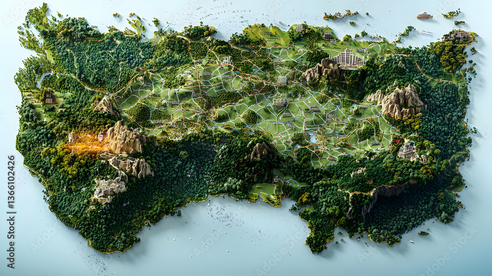 Poster three dimensional pixelated map of green landscape with textured terrain and pixelated surface again