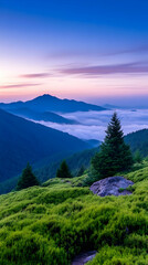 Serene sunrise over misty mountain range, showcasing lush green hills and solitary evergreen trees