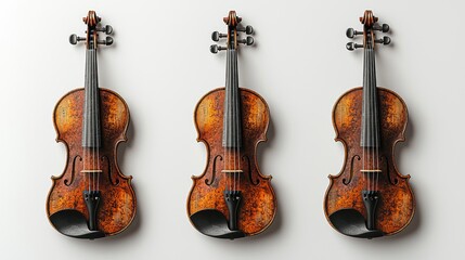 Naklejka premium Three antique violins, studio shot, white background, musical instrument collection, website banner