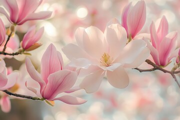 Blooming magnolia tree with delicate white and pink blossoms