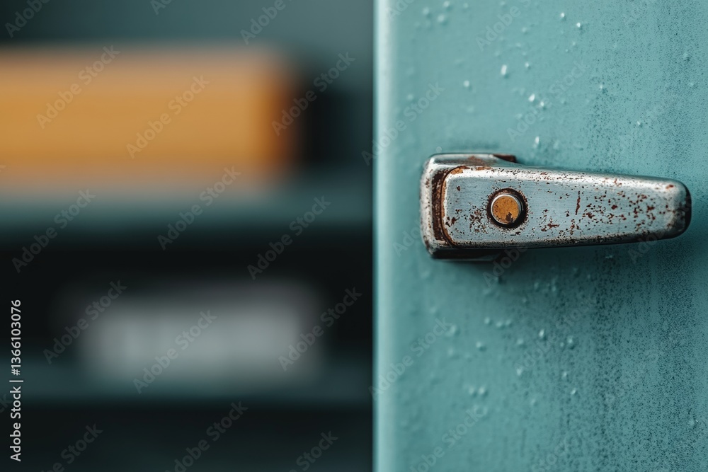 Poster close-up of a vintage fridge handle showcasing metallic elegance and nostalgic charm in soft, inviti