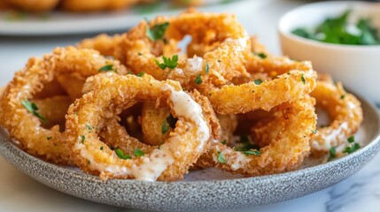 A plate of crispy onion rings with dipping sauce splashing around. -