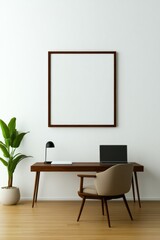 Minimalist workspace featuring empty frame, modern desk, and coz