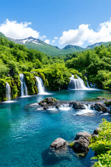 Obraz premium Serene turquoise waterfall cascading into a vibrant pool surrounded by lush green mountains under a bright blue sky