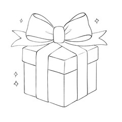 Charming line art of a wrapped gift box with a large bow and sparkles, perfect for festive, holiday, or celebration-themed designs.