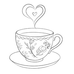 Charming line art of a floral teacup with heart-shaped steam, evoking warmth, love, and cozy moments—perfect for romantic or relaxing themes.