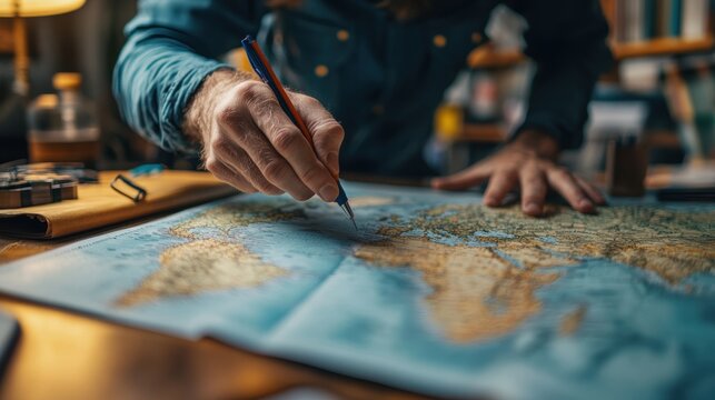 A cartographer designing a world map, using digital tools and geographical data for accurate landmasses and coordinates