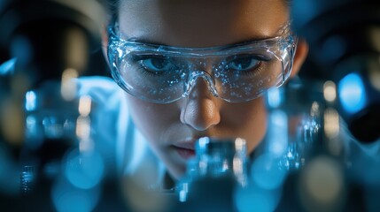A materials scientist analyzing the structure of metals using an electron microscope, with detailed images of atoms and molecules