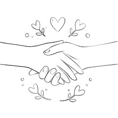 Minimalist line art of a handshake surrounded by hearts and leaves, symbolizing unity, trust, and connection.