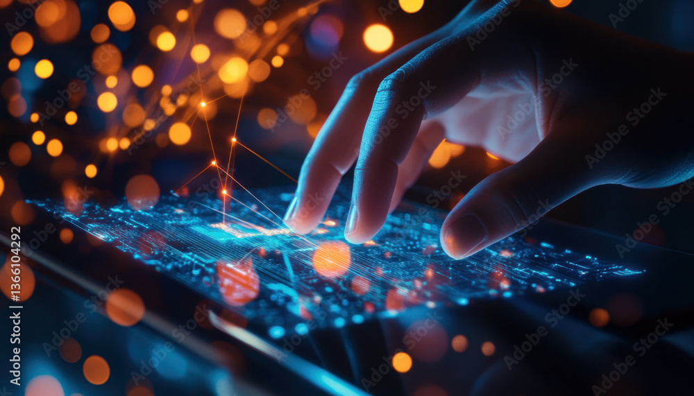 Poster in a dimly lit workspace, a person gently touches a glowing tablet screen displaying intricate circu