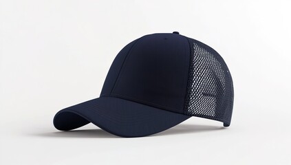 A black trucker hat with a solid black fabric front and black mesh back, slightly curved bill, placed on a pure white background