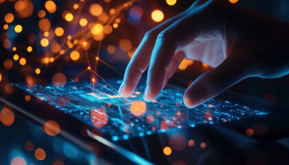 In a dimly lit workspace, a person gently touches a glowing tablet screen displaying intricate circuitry patterns, embodying the fusion of technology and human interaction