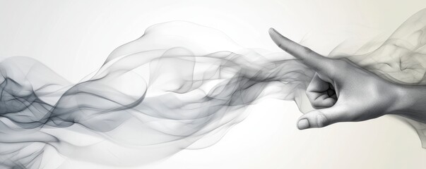 A stylized hand points towards flowing smoke, creating a dynamic visual of movement and interaction between elements.