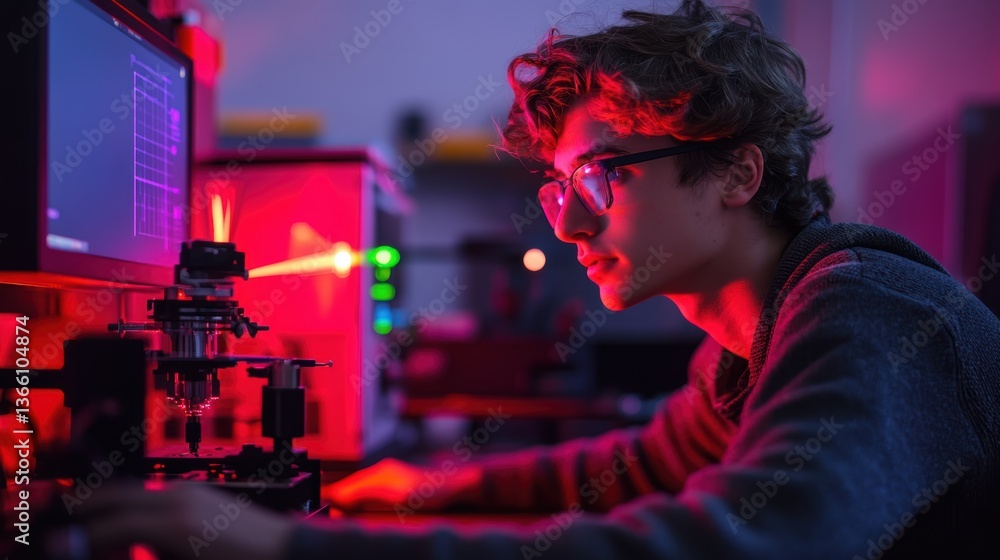 Poster a physics student using a laser to measure the speed of light, with equipment and a monitor displayi