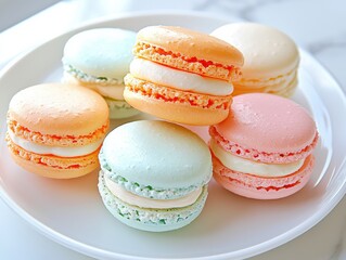 Delicate pastel macarons displayed on white plate morning light overhead view food photography