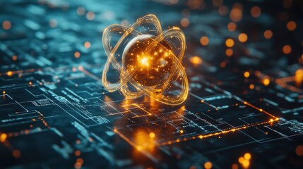 A close-up of an atomic model, showing electrons revolving around a nucleus, and digital diagrams explaining atomic theory