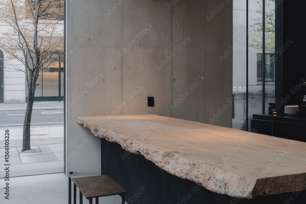 Poster a large stone countertop with a bench in front of it