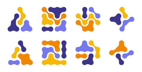 Dots metaball colorful pattern. A set and collection of abstract round shapes on a white background. Connected vector spots. Geometric circle decorative molecules. Texture. Modern minimalistic design.