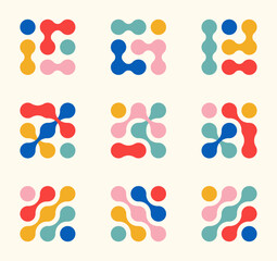 Dots metaball colorful pattern. A set and collection of abstract round shapes on a white background. Connected vector spots. Geometric circle decorative molecules. Texture. Modern minimalistic design.