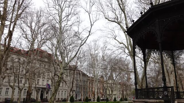 Zagreb, Croatia A panning view of the Park Zrinjevac in downtown and pavilion. 