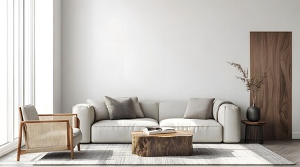Fototapeta premium A modern minimalist living room with neutral tones and natural elements long title A spacious and inviting living room with a plush sofa wooden