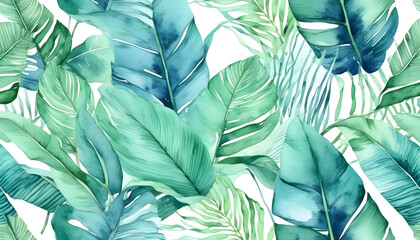 Exotic Green Leaves Watercolor Pattern for Textile Print