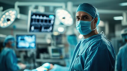 A doctor performing a surgery in an operating room, with medical instruments, sterile environment, and monitors showing patient vitals
