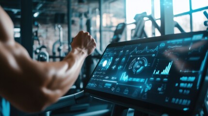 An AI powered personal fitness coach tracking and analyzing workout data in a gym, modern fitness environment with real-time health metrics and exercise suggestions, Fitness technology style