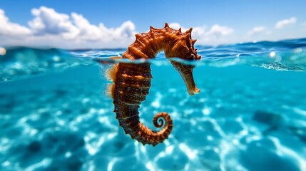 Seahorse gracefully floats in crystalline ocean waters, a captivating marine scene