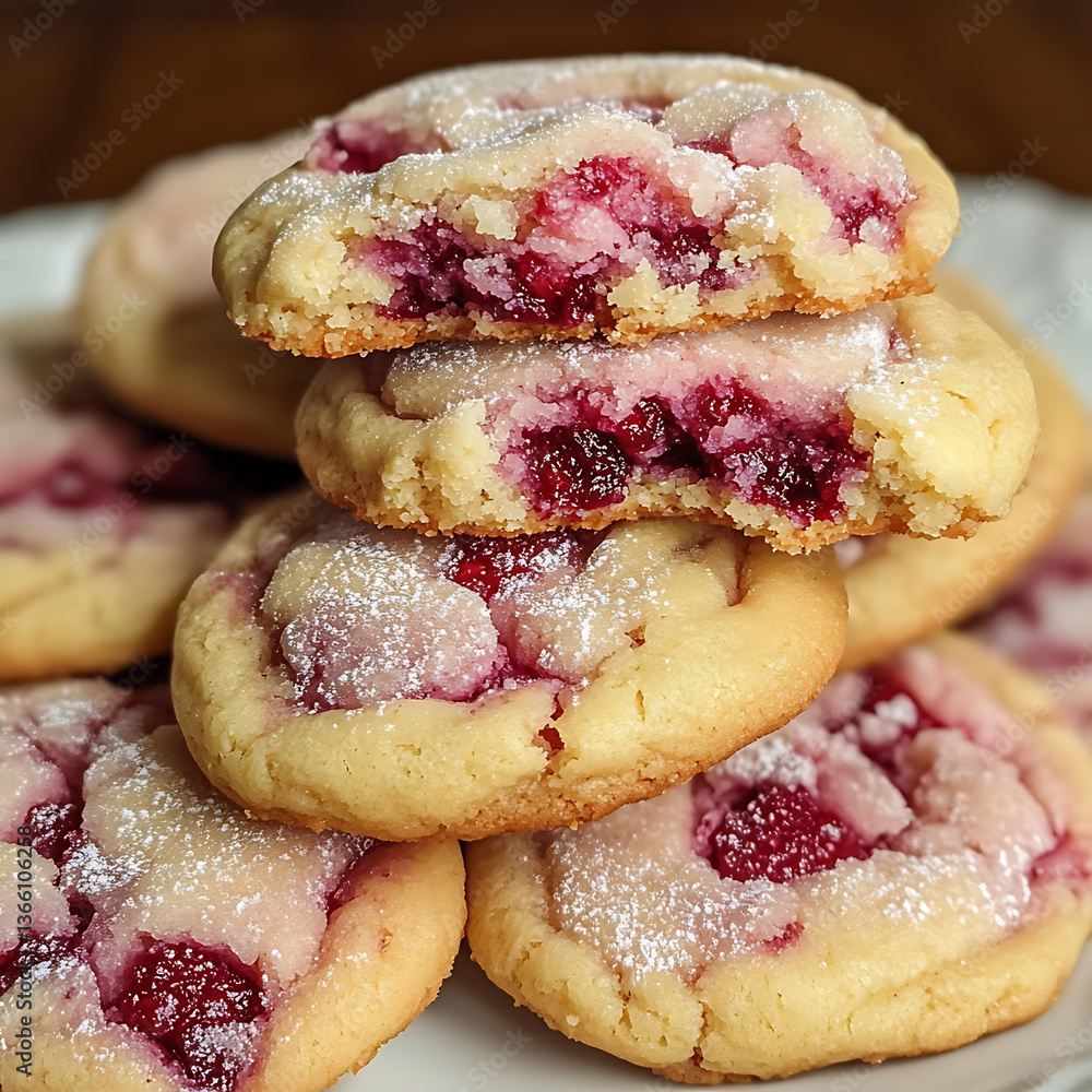 Poster delicious cookies with soft texture and sweet raspberry filling, dusted with powdered sugar, create 