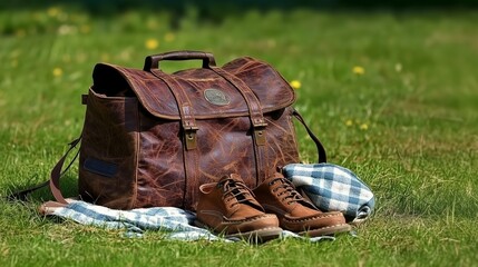 A vintage leather bag and worn shoes rest on a soft cloth in the grass, creating a rustic and timeless scene with warm earth tones and a classic aesthetic.