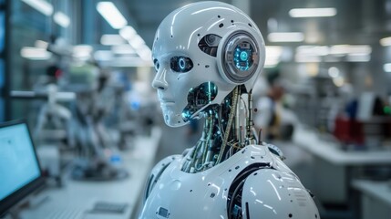 A team of engineers working on the development of humanoid robots, with advanced machinery and sensors installed on the robotic model