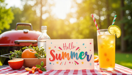 Festive summer barbecue with "Hello Summer" sign, joyful celebration