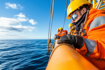 Fototapeta premium Crew members adjusting ropes on a bright orange platform at sea. Setting features clear blue sky, calm water reflecting sunlight. Concept of maritime operations, team effort, safety at sea