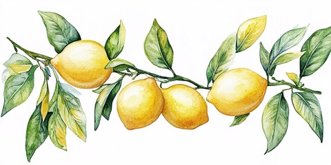 A watercolor-style illustration of yellow lemons hanging on a branch with green leaves, white background, bright and fresh composition, natural and vibrant atmosphere