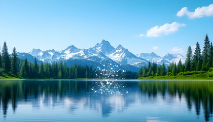 Serene mountain lake reflecting snow-capped peaks
