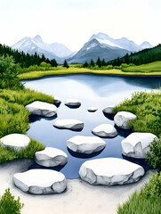 Serene mountain lake scene with stepping stones