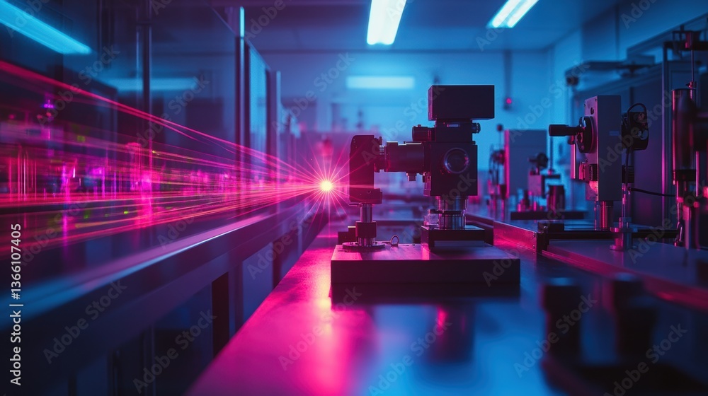 Poster a high-tech physics lab where lasers and mirrors are used to demonstrate light refraction and diffra