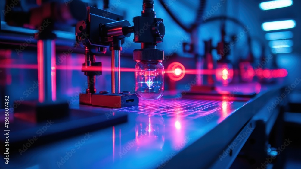 Poster a high-tech physics lab where lasers and mirrors are used to demonstrate light refraction and diffra