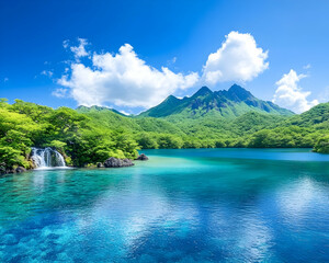 Serene mountain lake with cascading waterfall under a vibrant blue sky