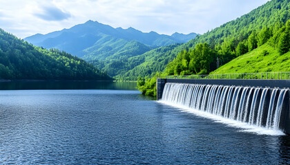 Serene mountain lake with dam and cascading waterfall